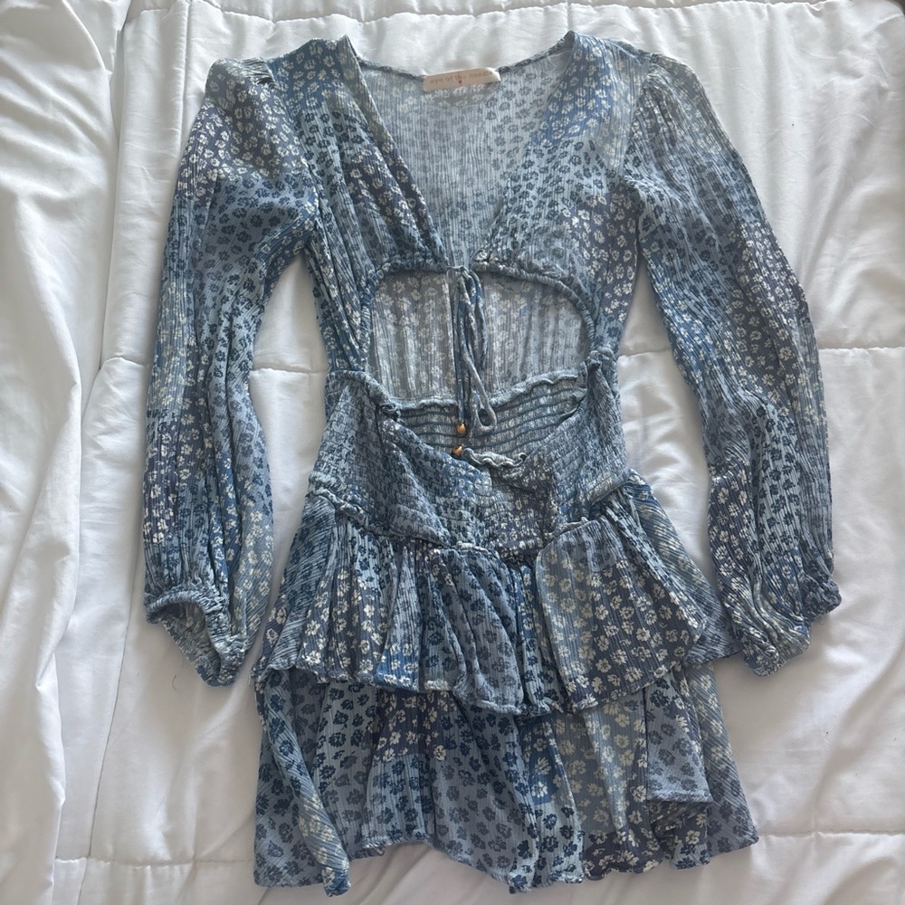 Blue Patterned Long Sleeve Dress